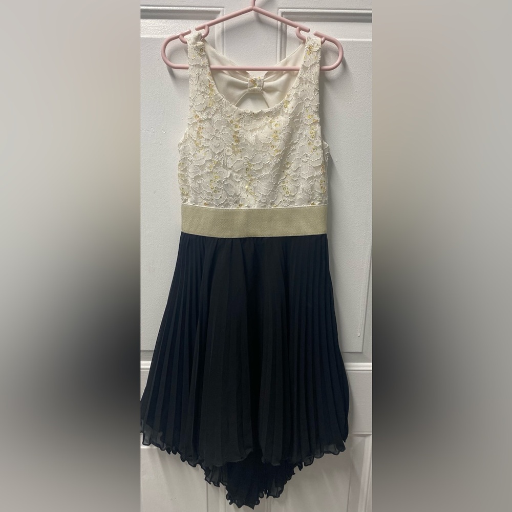 Fancy Black Dress Cream Lace Top Gold Stitching high low skirt size 8